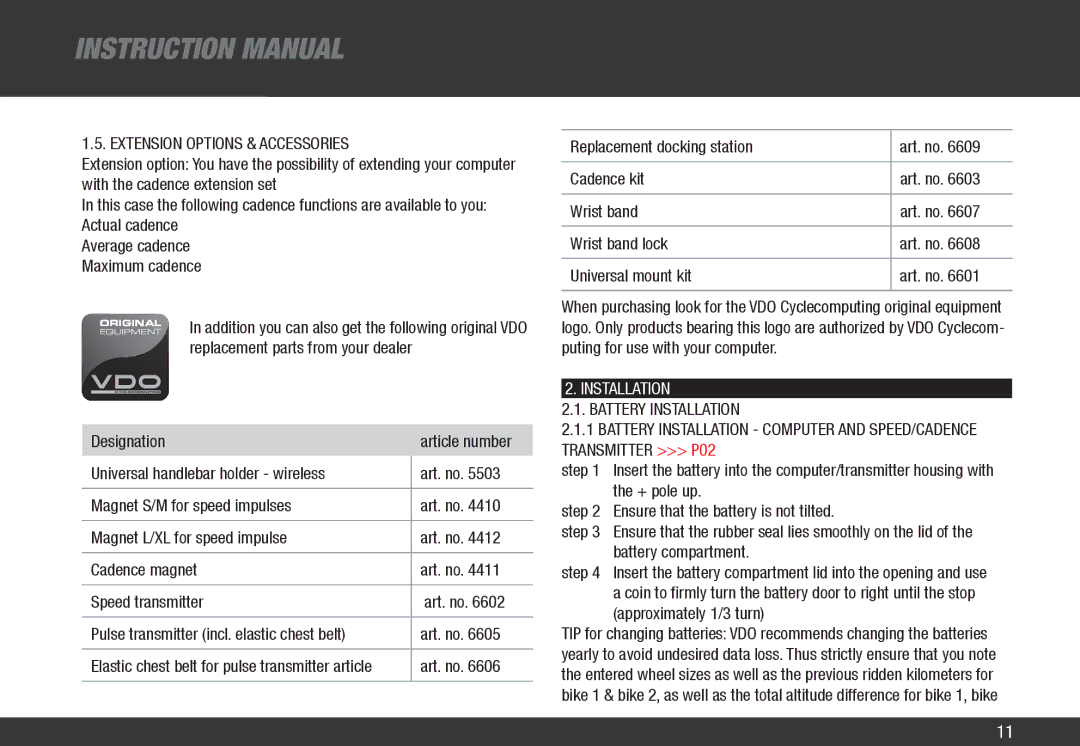 VDO Cyclecomputing Z3 PC-LINK manual Extension Options & Accessories, Designation 