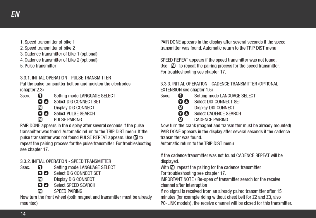 VDO Cyclecomputing Z3 PC-LINK Initial Operation Pulse Transmitter, Pulse Pairing, Initial Operation Speed Transmitter 