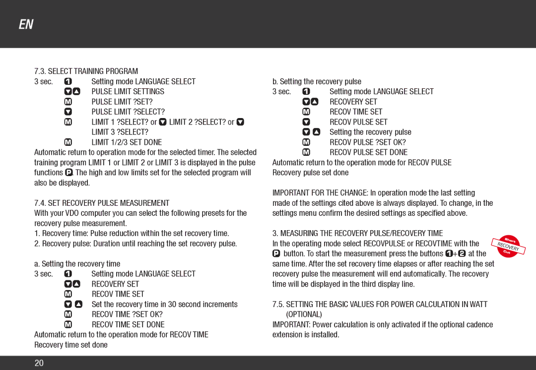 VDO Cyclecomputing Z3 PC-LINK Select Training Program, Pulse Limit ?SELECT?, ?Select?, Limit 1/2/3 SET Done, Recovery SET 