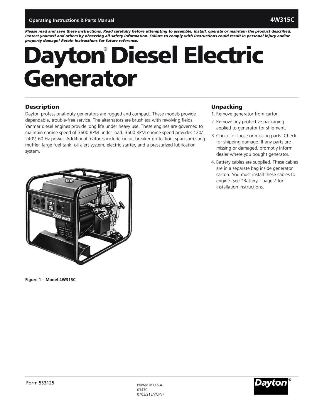 VDO Dayton 4W315C operating instructions Description, Unpacking, Dayton Diesel Electric Generator 
