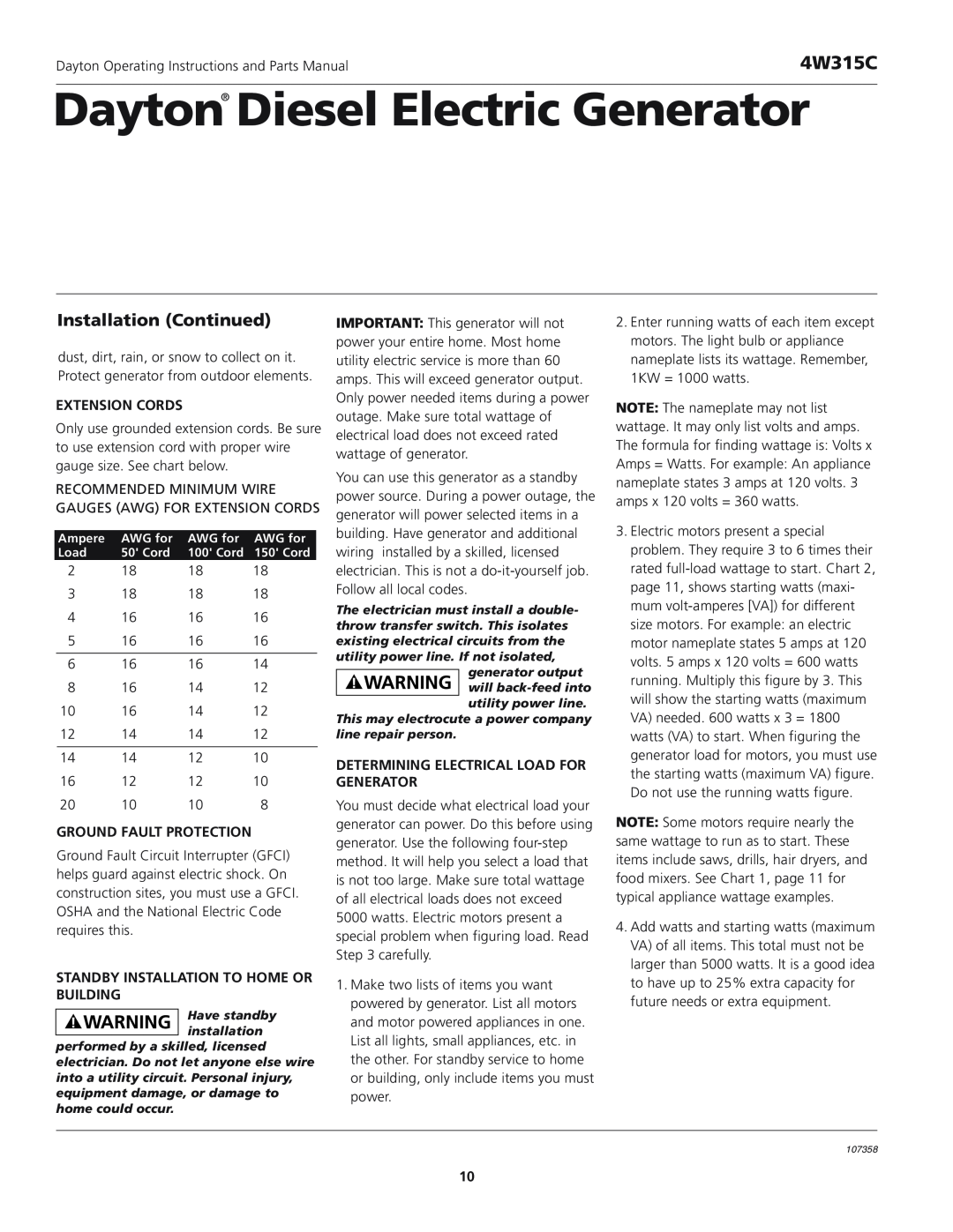 VDO Dayton 4W315C operating instructions Extension Cords, Ground Fault Protection, Standby Installation To Home Or Building 