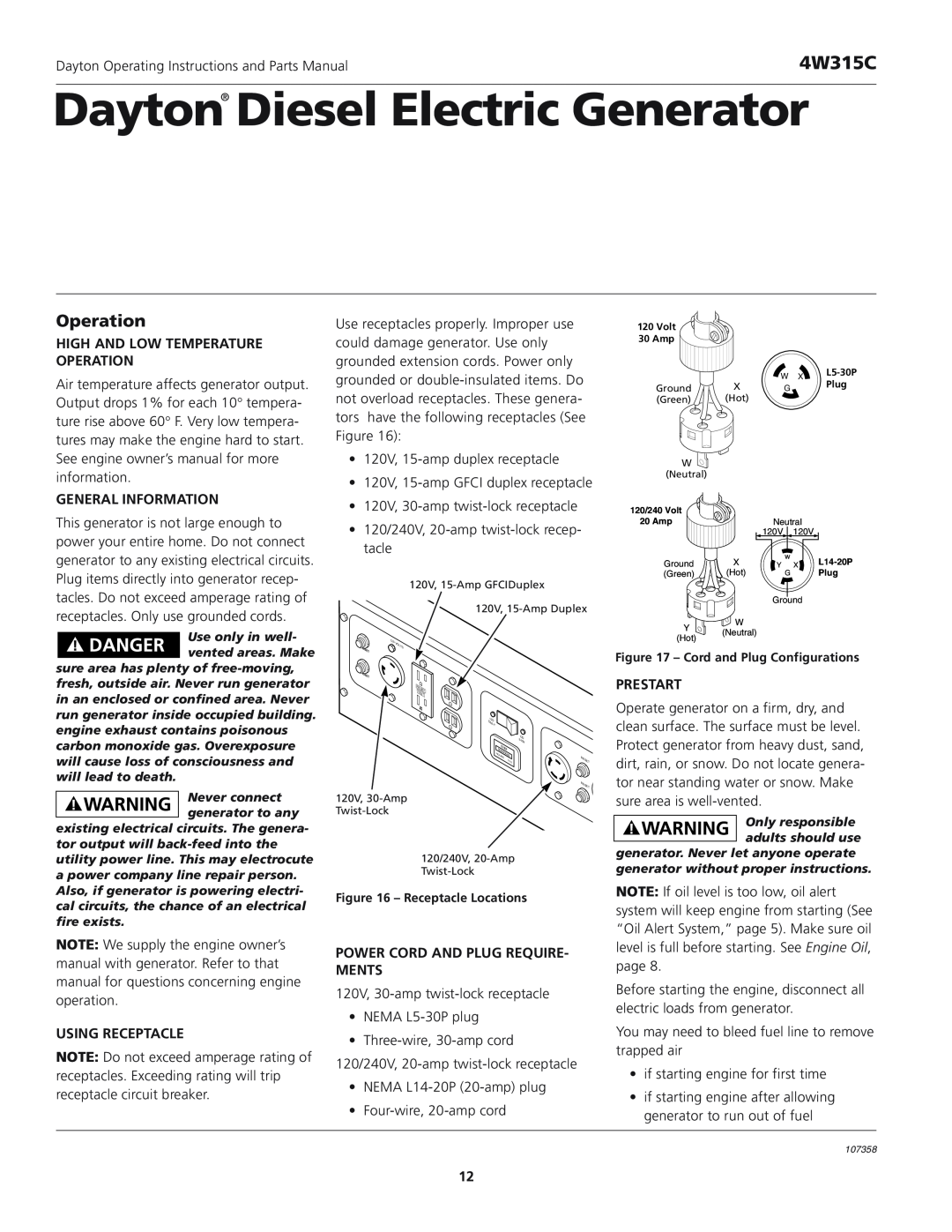 VDO Dayton 4W315C High And Low Temperature Operation, General Information, Prestart, Using Receptacle 