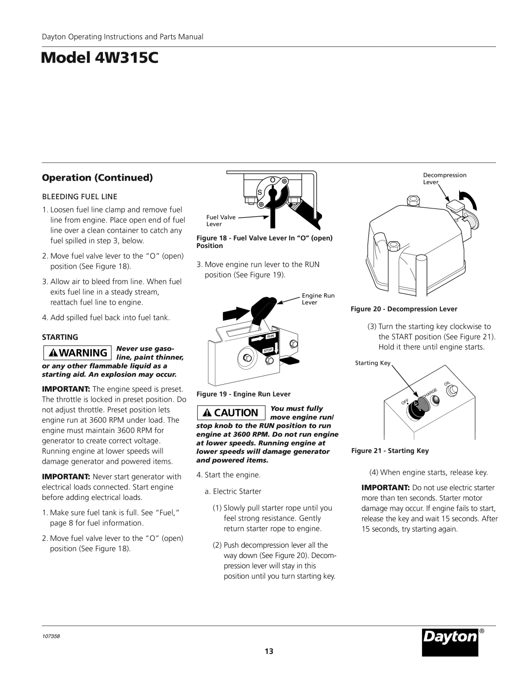 VDO Dayton operating instructions Operation Continued, Starting, Model 4W315C 
