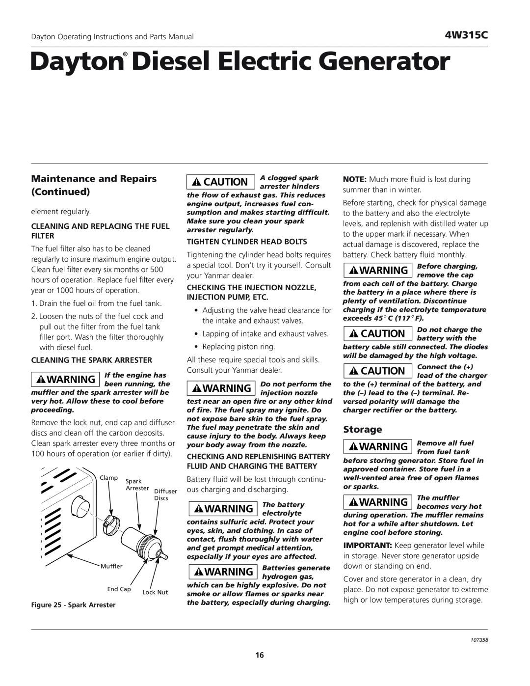 VDO Dayton 4W315C operating instructions Maintenance and Repairs Continued, Storage, Cleaning And Replacing The Fuel Filter 