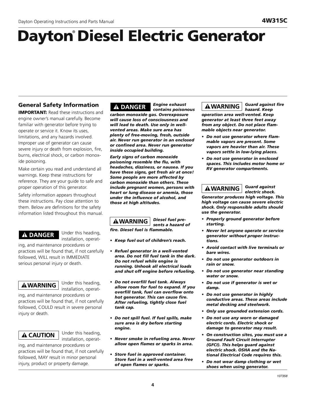 VDO Dayton 4W315C operating instructions General Safety Information, Dayton Diesel Electric Generator 