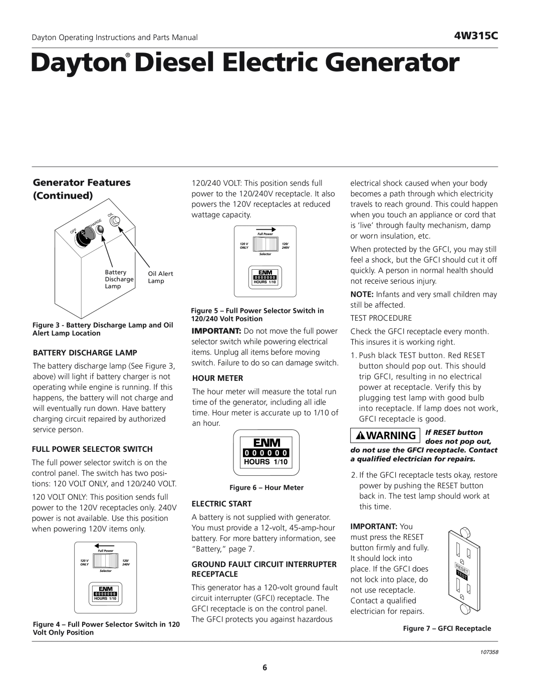 VDO Dayton 4W315C Generator Features Continued, Battery Discharge Lamp, Full Power Selector Switch, Hour Meter 