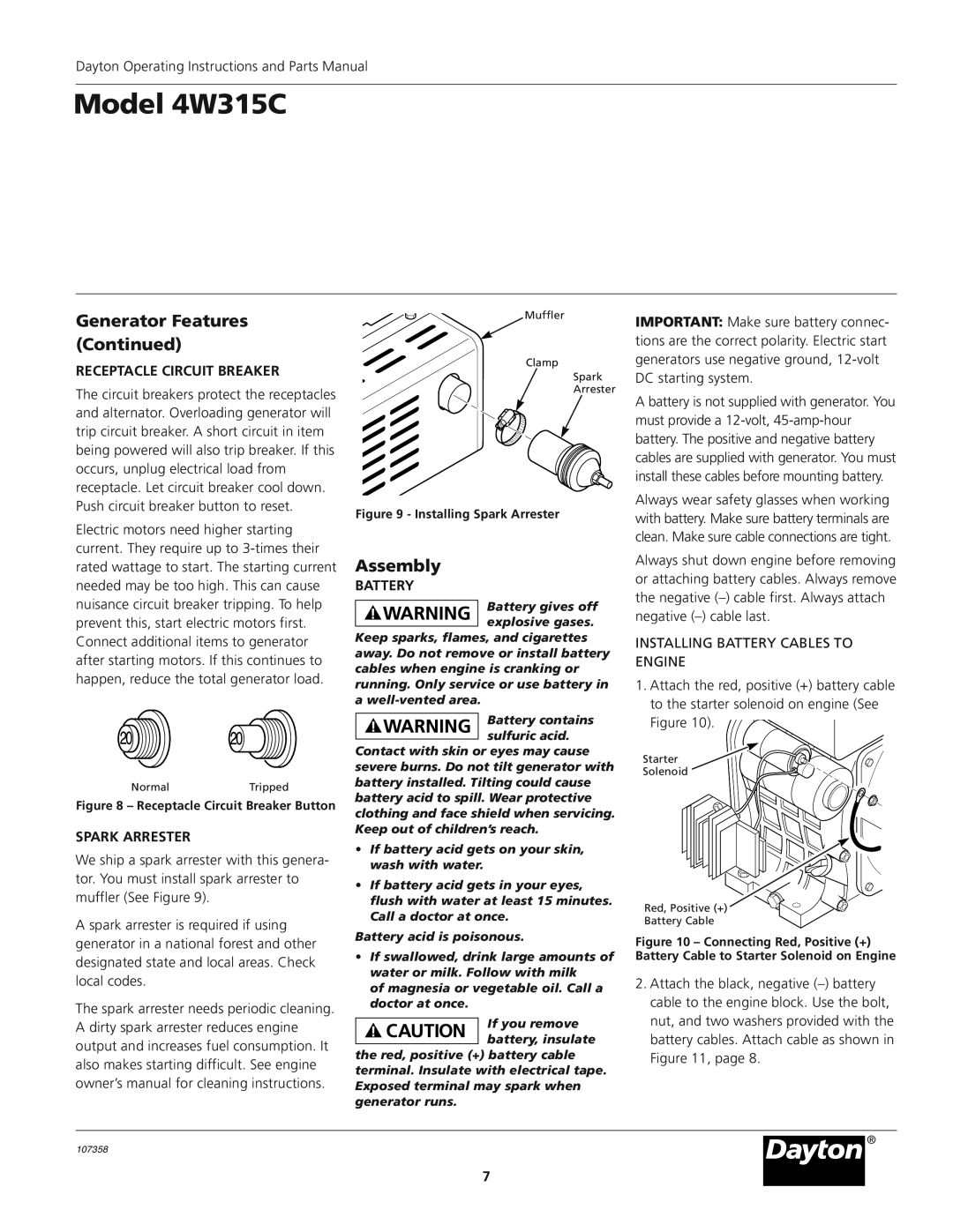 VDO Dayton Assembly, Receptacle Circuit Breaker, Spark Arrester, Battery, Model 4W315C, Generator Features Continued 