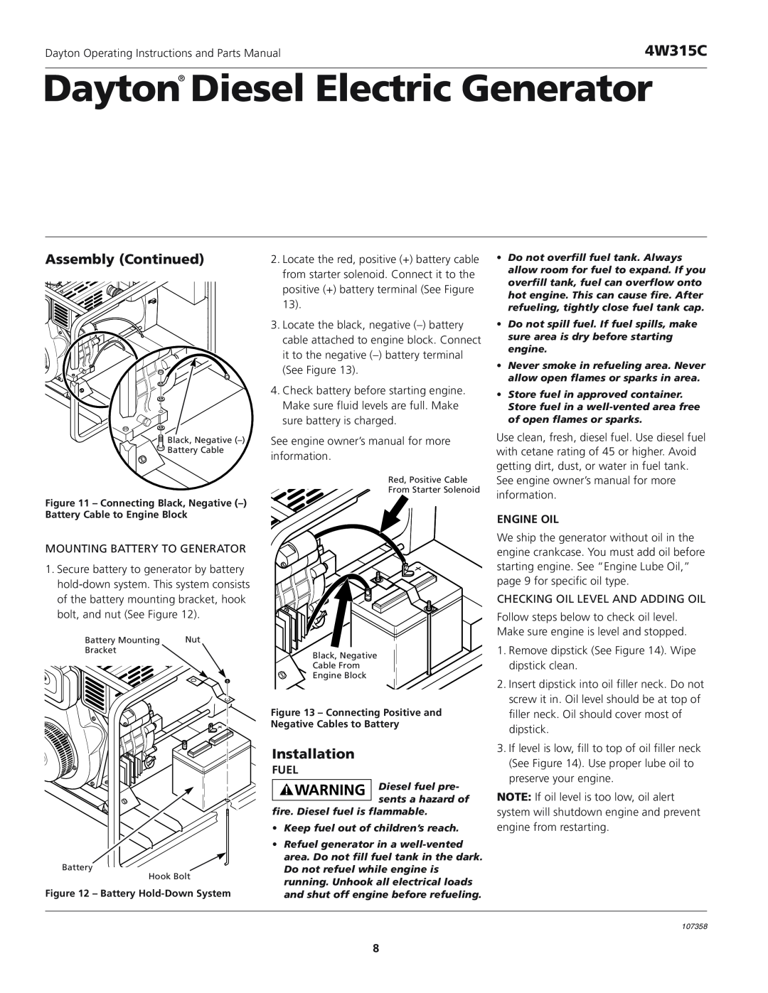 VDO Dayton 4W315C Assembly Continued, Installation, Engine Oil, Fuel, Dayton Diesel Electric Generator 