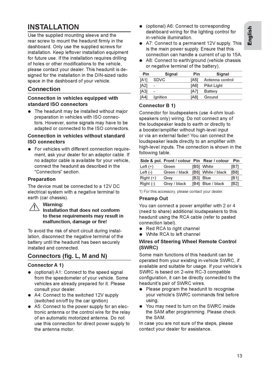 VDO Dayton CD 2537 U, CD 2327 G, CD 2217 G, CD 2737 B user manual Installation, Connection, Connectors fig. L, M and N 