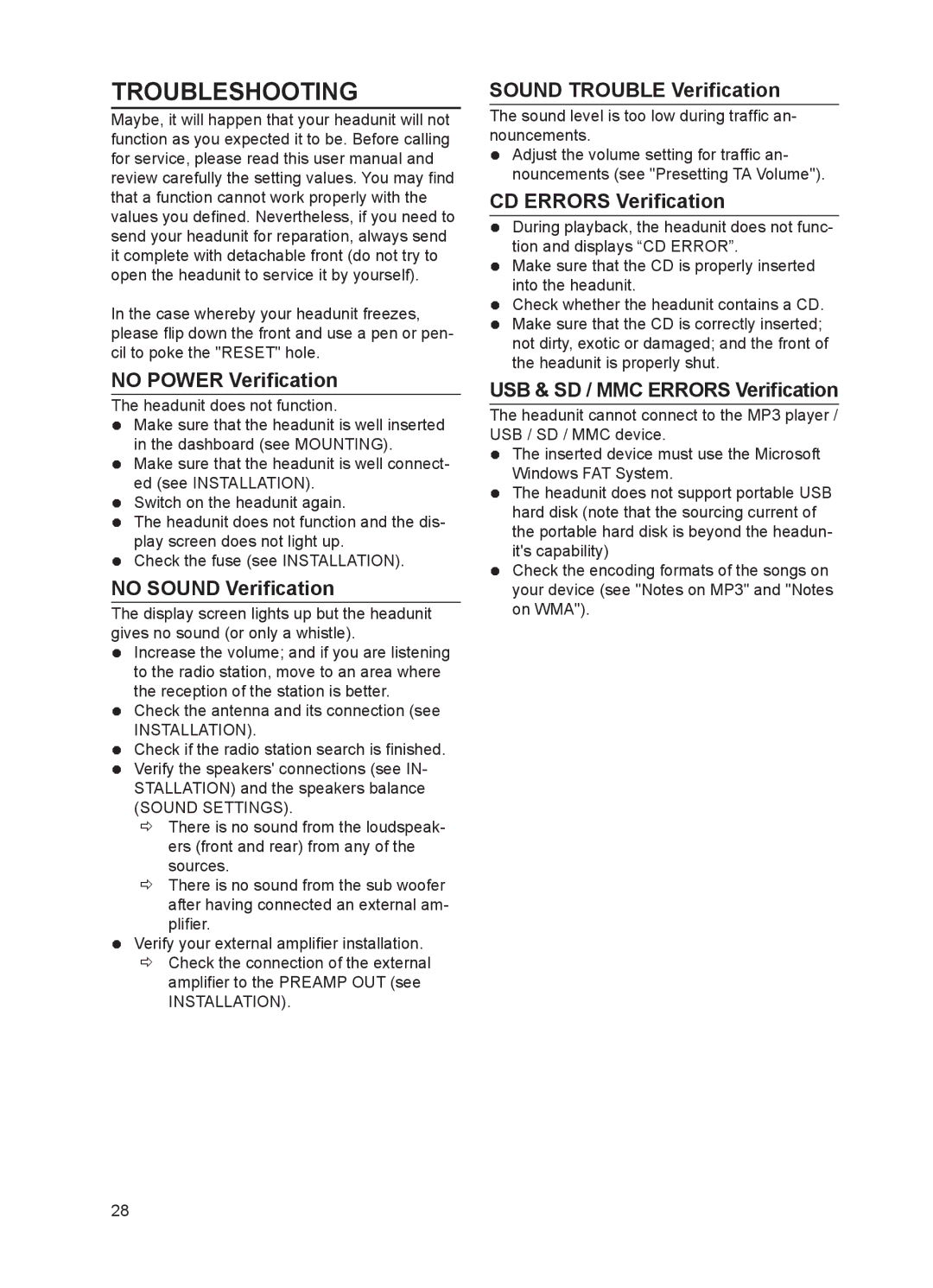 VDO Dayton CD 2327 G, CD 2537 U, CD 2217 G, CD 2737 B user manual Troubleshooting 