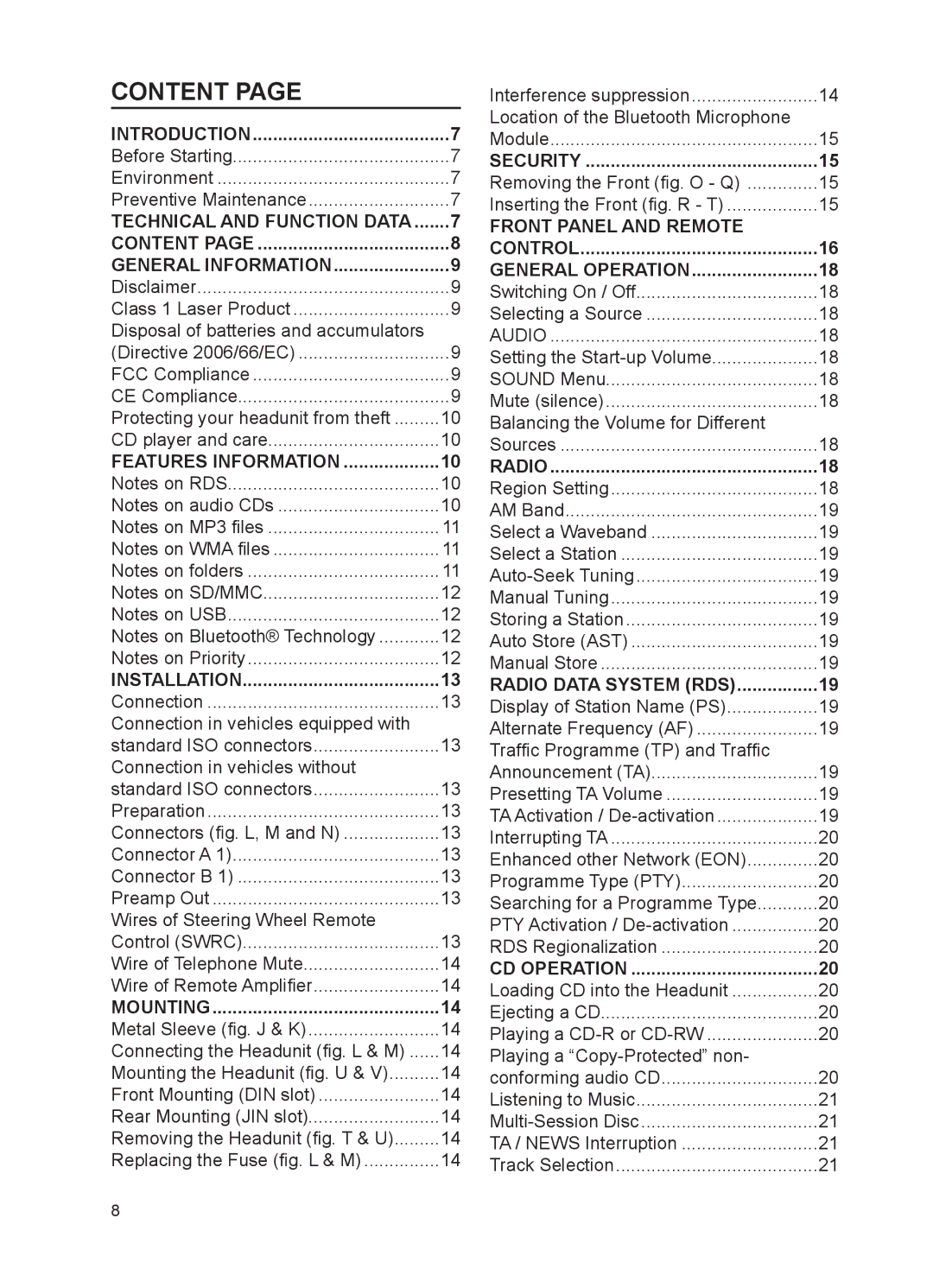 VDO Dayton CD 2327 G, CD 2537 U, CD 2217 G, CD 2737 B user manual Technical and Function Data Content General Information 