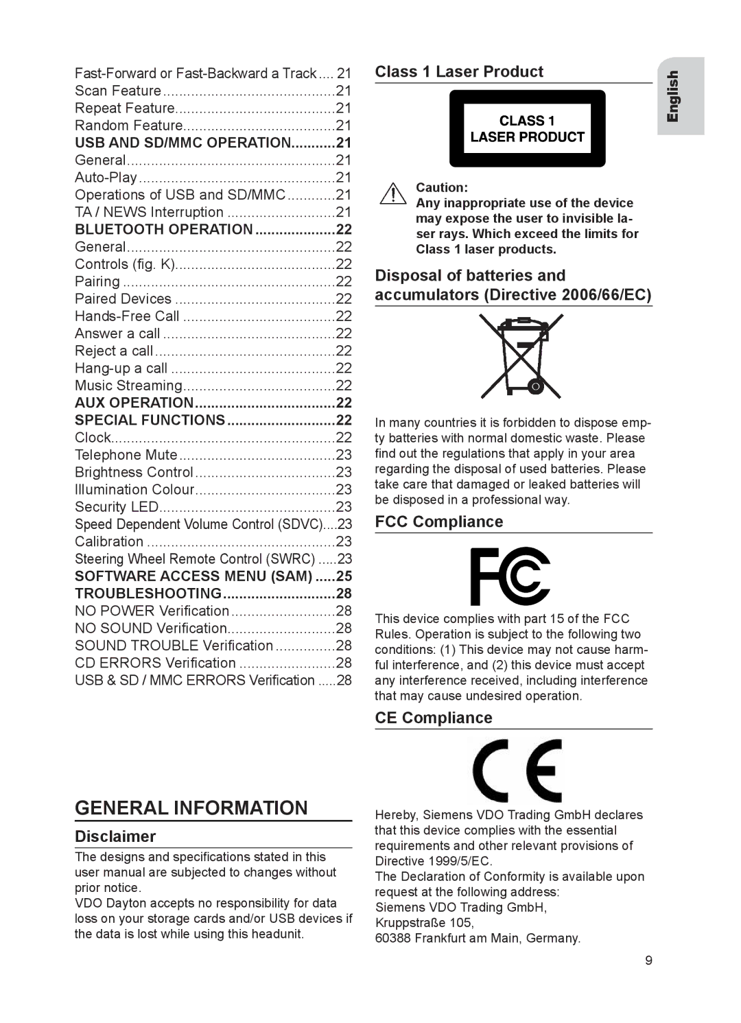 VDO Dayton CD 2537 U, CD 2327 G, CD 2217 G, CD 2737 B user manual General Information 