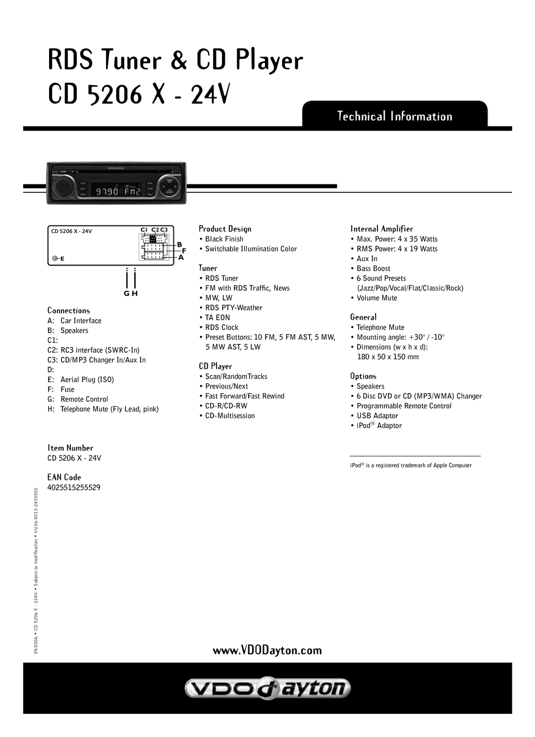 VDO Dayton CD 5206 X - 24V manual Technical Information 