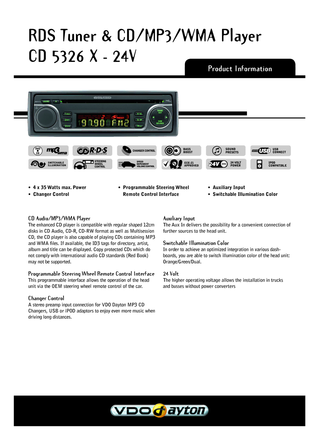 VDO Dayton CD 5326 X - 24V manual Product Information 