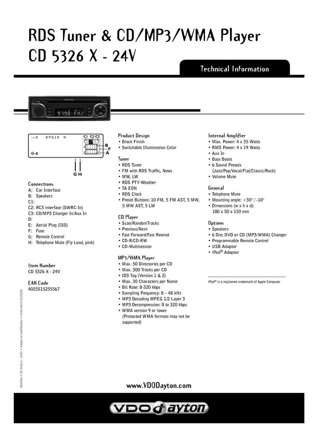 VDO Dayton CD 5326 X - 24V manual Technical Information 