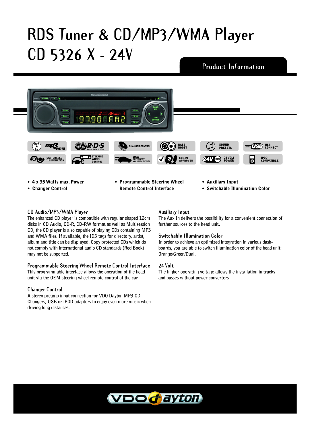 VDO Dayton CD 5326 X - 24V manual RDS Tuner & CD/MP3/WMA Player CD 5326 X, Product Information, CD Audio/MP3/WMA Player 