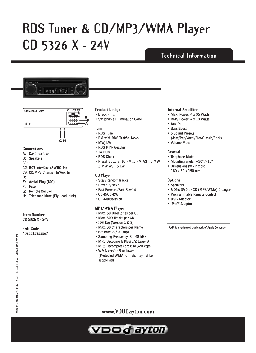 VDO Dayton CD 5326 X - 24V manual Technical Information, RDS Tuner & CD/MP3/WMA Player CD 5326 X 