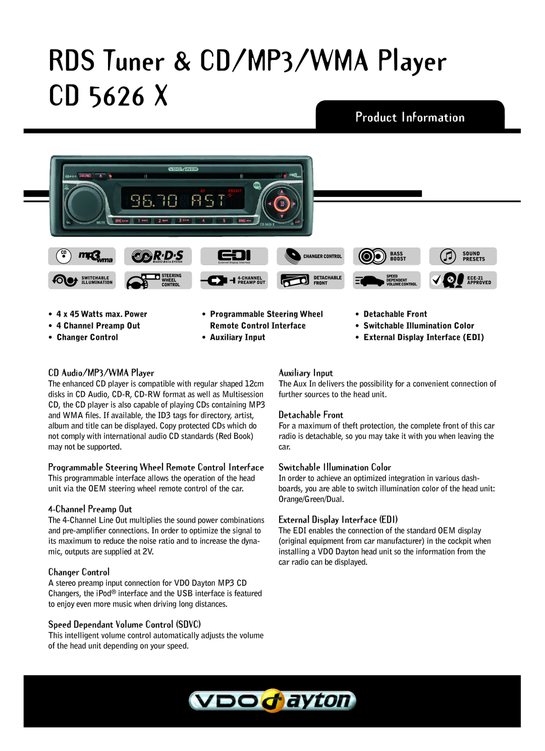 VDO Dayton CD 5626 X manual Product Information 