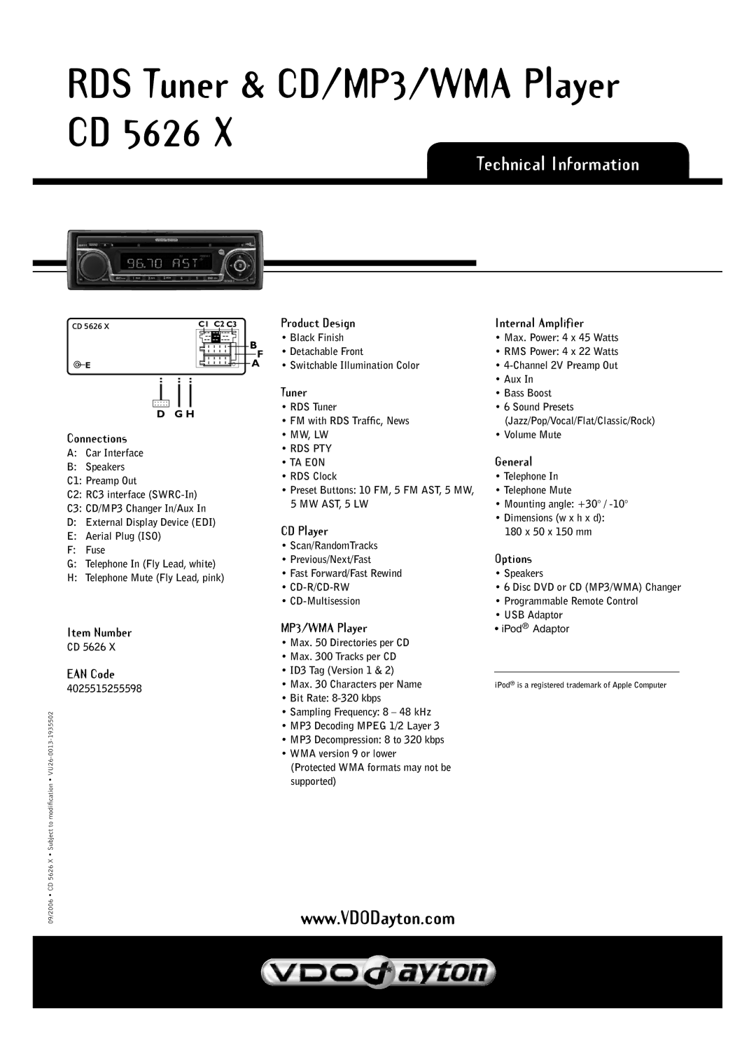 VDO Dayton CD 5626 X manual Technical Information 