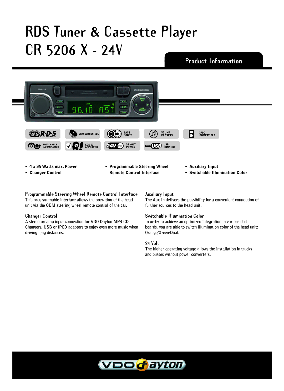 VDO Dayton CR 5206 X - 24V manual Product Information, Auxiliary Input, Changer Control, Switchable Illumination Color 