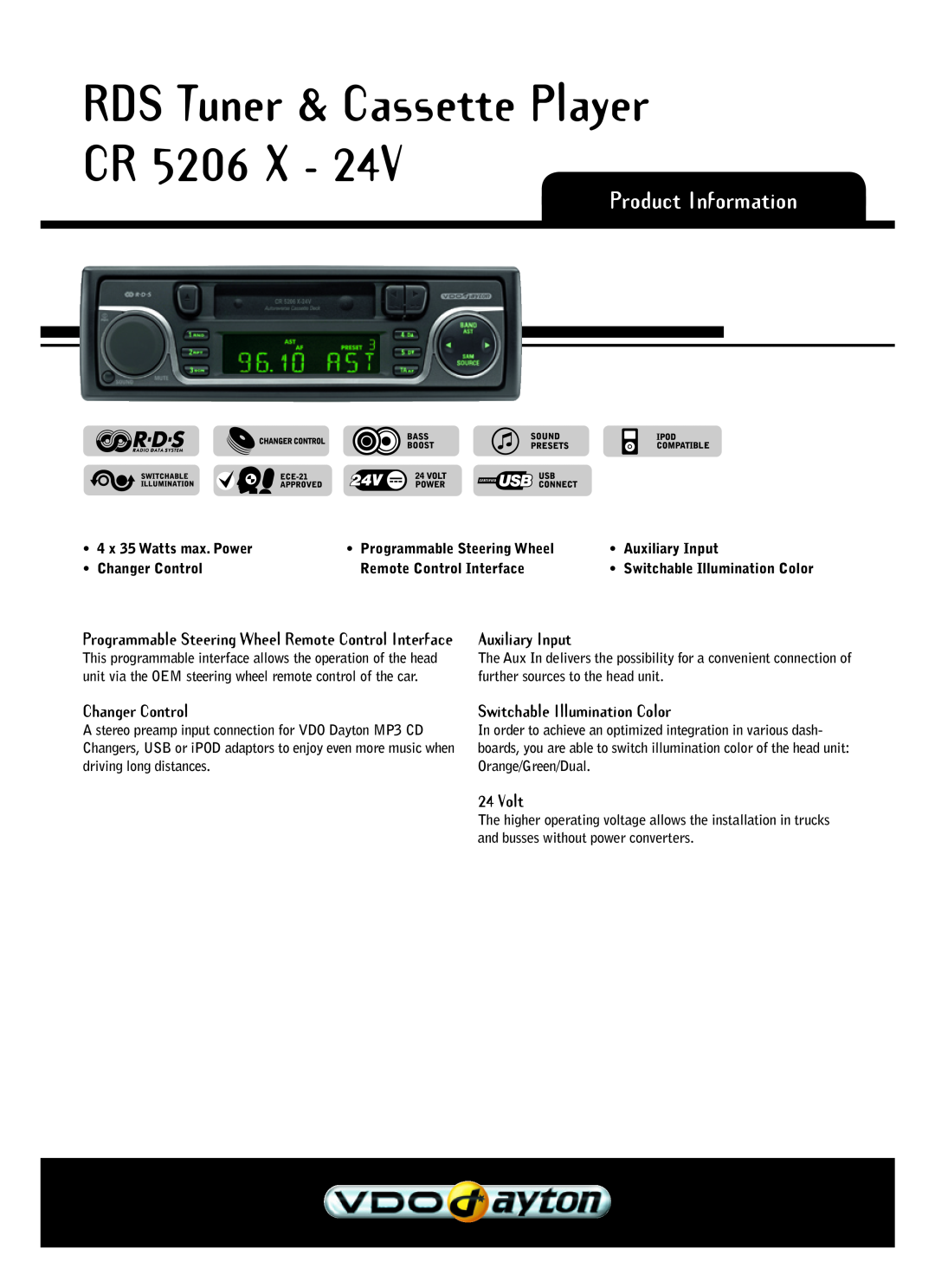 VDO Dayton CR 5206 X - 24V manual RDS Tuner & Cassette Player CR, Product Information, Auxiliary Input, Changer Control 