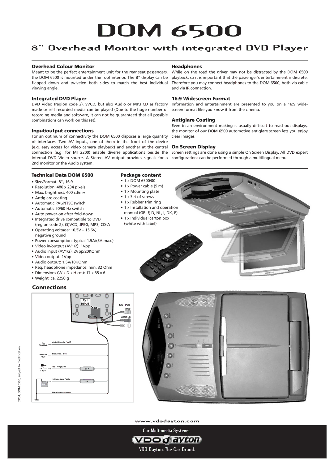 VDO Dayton DOM 6500 Overhead Colour Monitor, Headphones, Integrated DVD Player, Input/output connections, Package content 