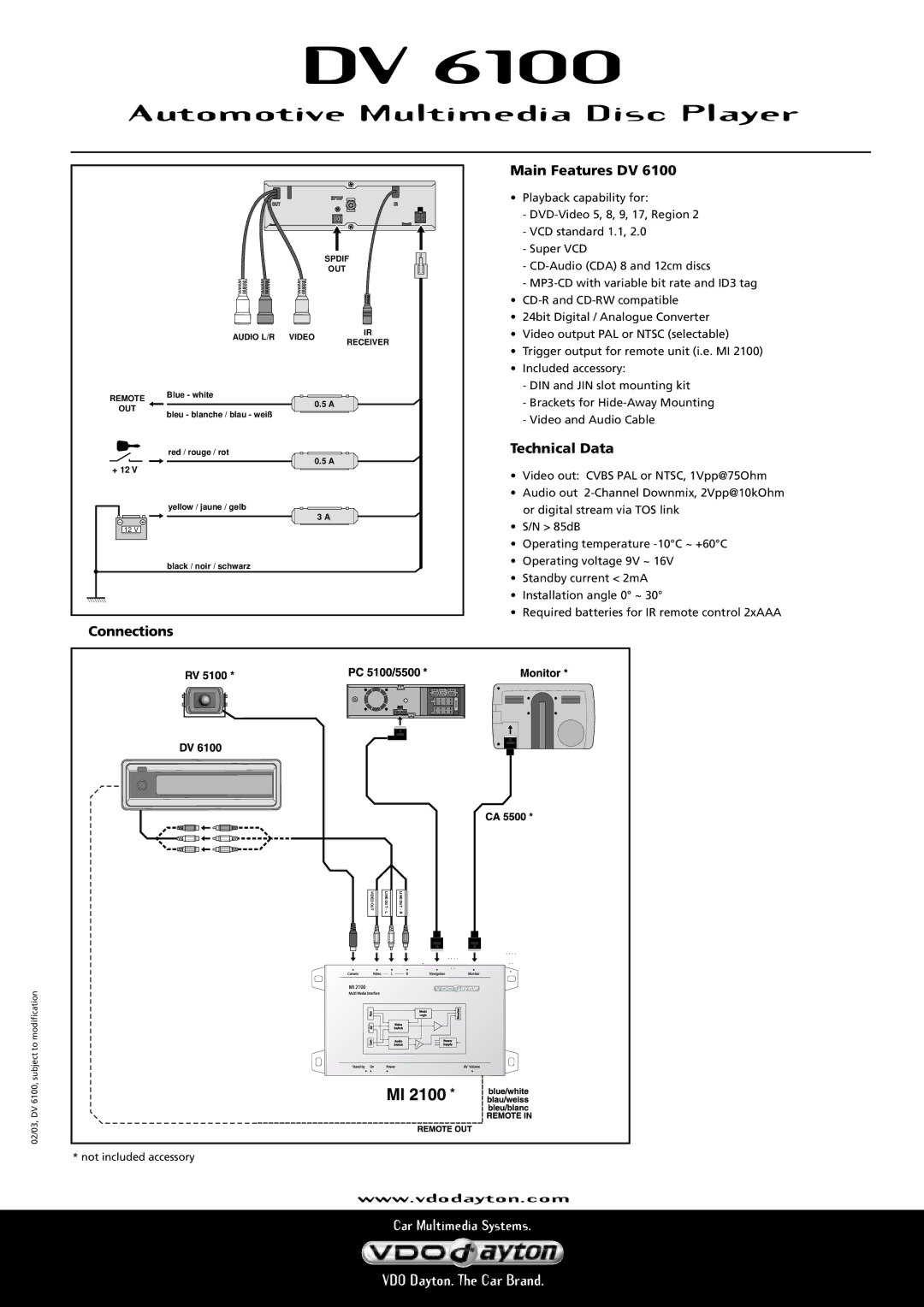 VDO Dayton DV 6100 manual Automotive Multimedia Disc Player, Main Features DV, Technical Data, Connections 