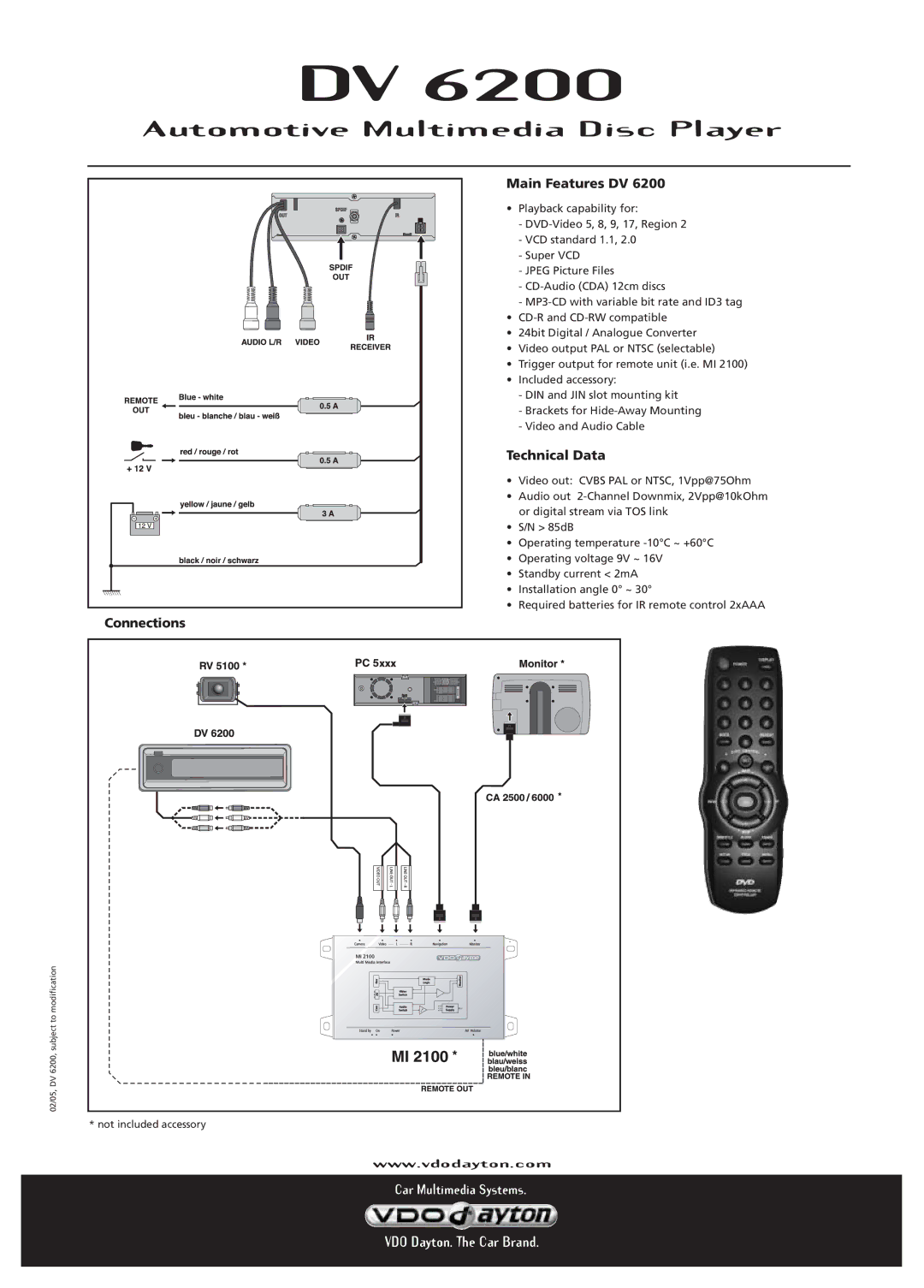 VDO Dayton DV 6200 manual Automotive Multimedia Disc Player, Main Features DV, Technical Data, Connections 