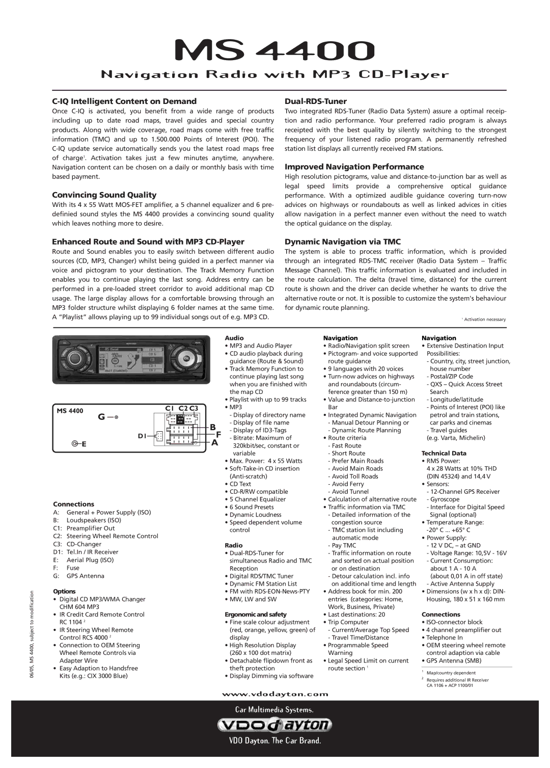 VDO Dayton MS4400 IQ Intelligent Content on Demand, Convincing Sound Quality, Dual-RDS-Tuner, Dynamic Navigation via TMC 