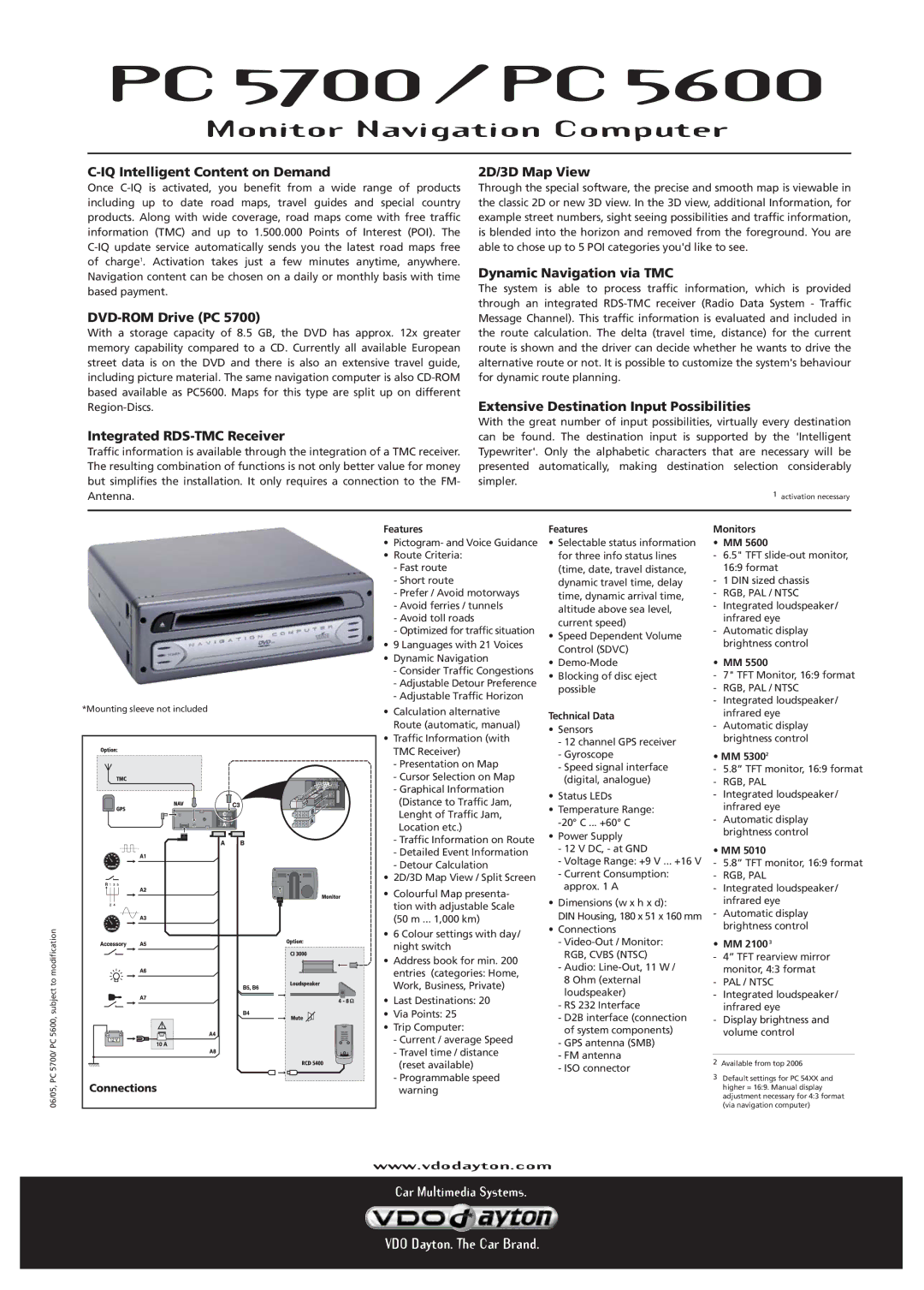 VDO Dayton PC 5700 manual IQ Intelligent Content on Demand, DVD-ROM Drive PC, Integrated RDS-TMC Receiver, 2D/3D Map View 