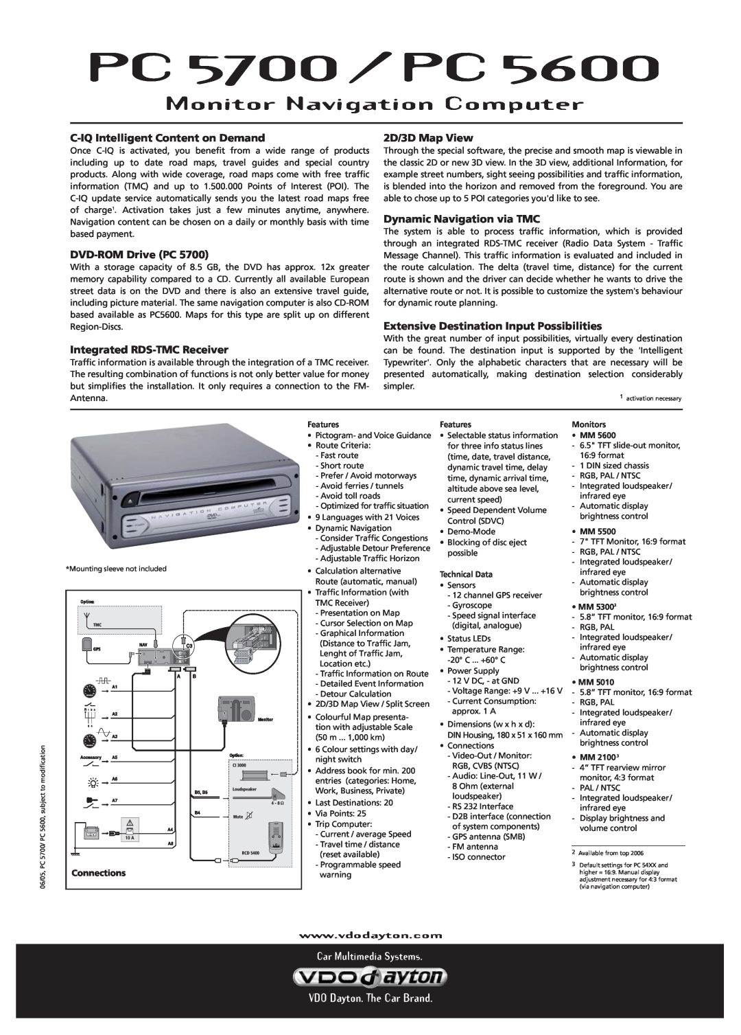VDO Dayton PC 5700 / PC, Monitor Navigation Computer, C-IQ Intelligent Content on Demand, DVD-ROM Drive PC, Connections 