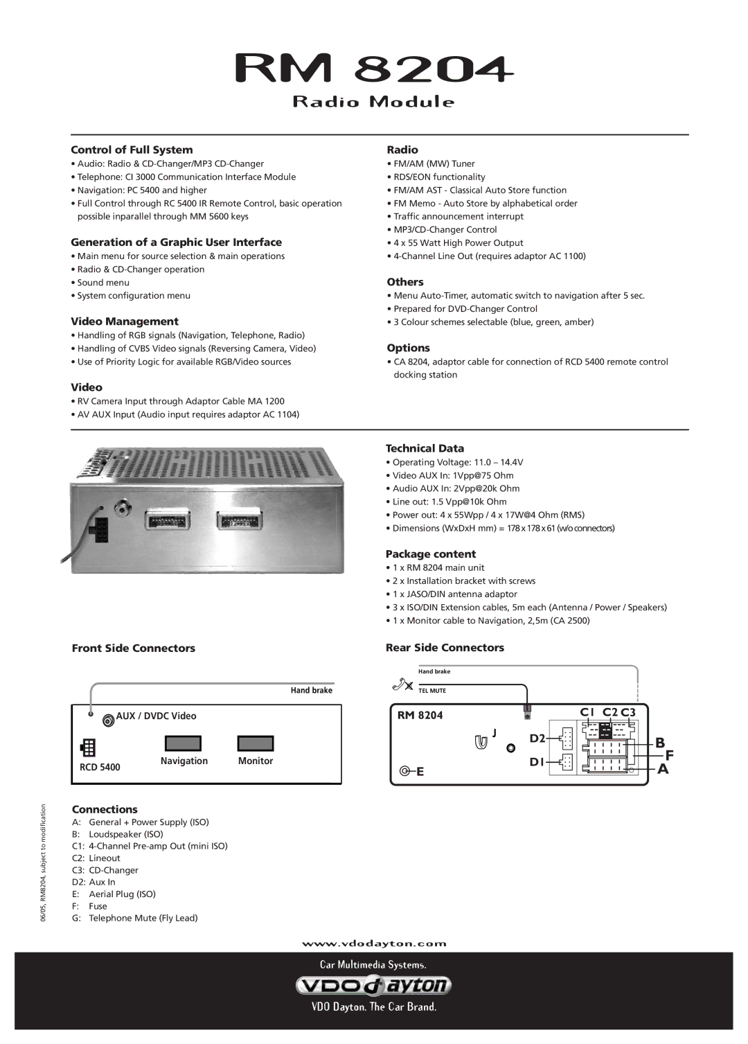 VDO Dayton RM 8204 manual Control of Full System, Generation of a Graphic User Interface, Video Management, Radio, Others 