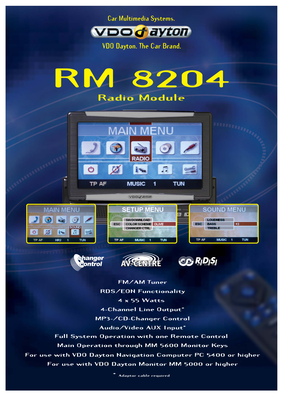 VDO Dayton RM 8204 manual Av-Centre, Radio Module, VDO Dayton. The Car Brand, Car Multimedia Systems 