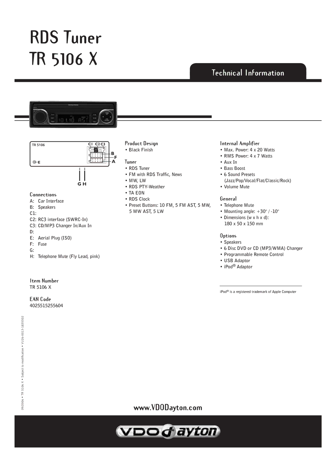 VDO Dayton TR 5106 X manual Technical Information 