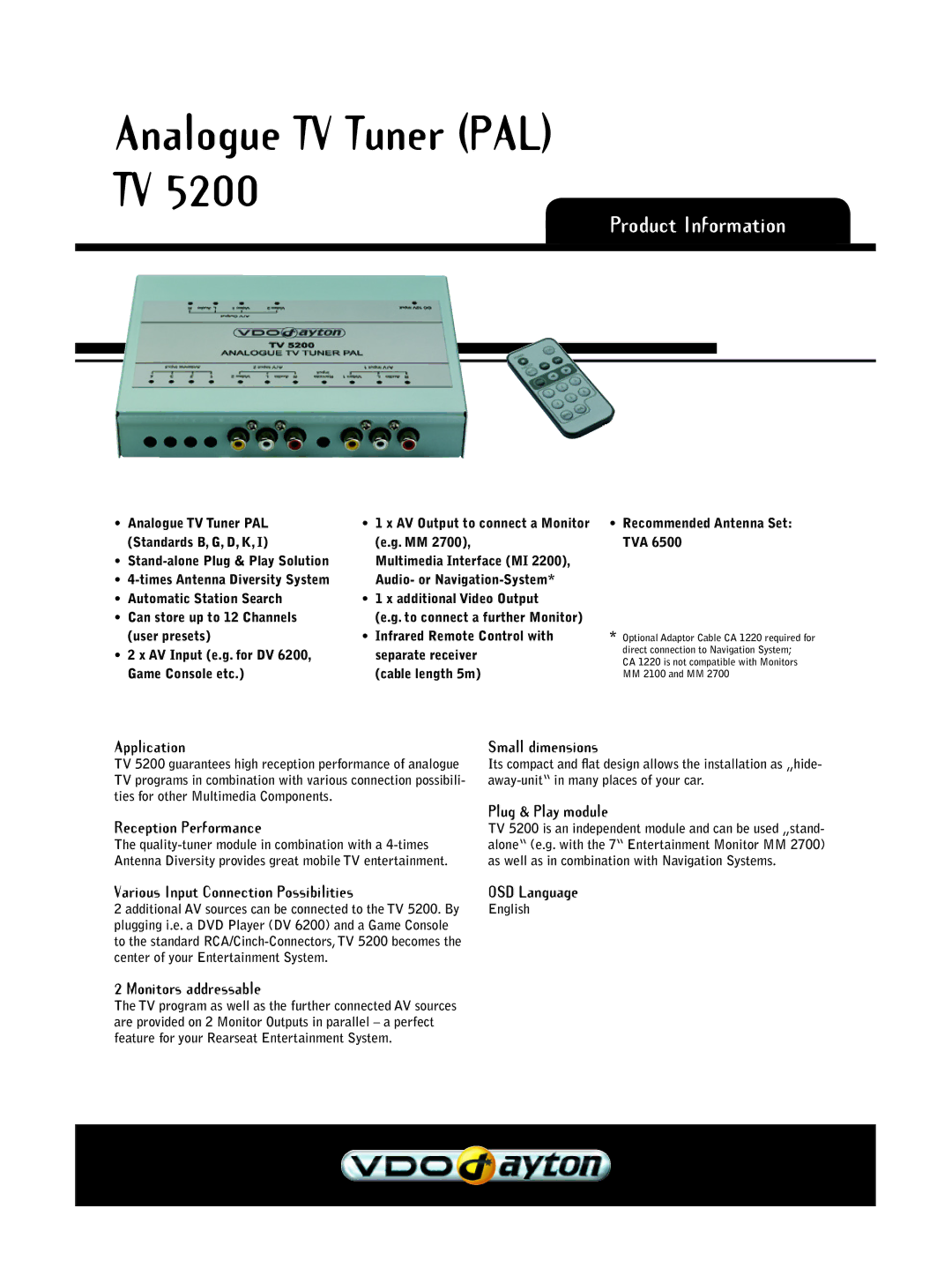 VDO Dayton TV 5200 dimensions Product Information 