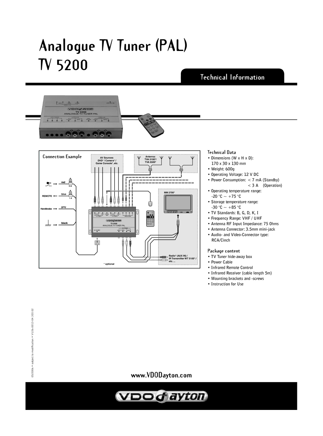 VDO Dayton TV 5200 dimensions Technical Information, Connection Example, Technical Data, Package content 