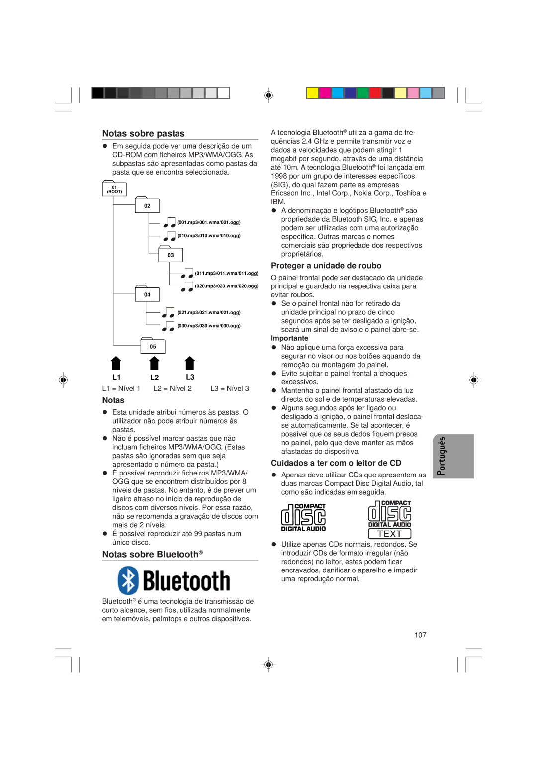 VDO Dayton CD 1737x, VDOdayton, CD1537x manual Notas sobre pastas, Notas sobre Bluetooth, Proteger a unidade de roubo 