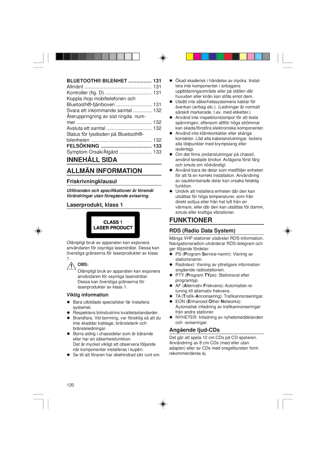 VDO Dayton VDOdayton, CD1537x manual Innehåll Sida Allmän Information, Funktioner, Friskrivningklausul, Laserprodukt, klass 