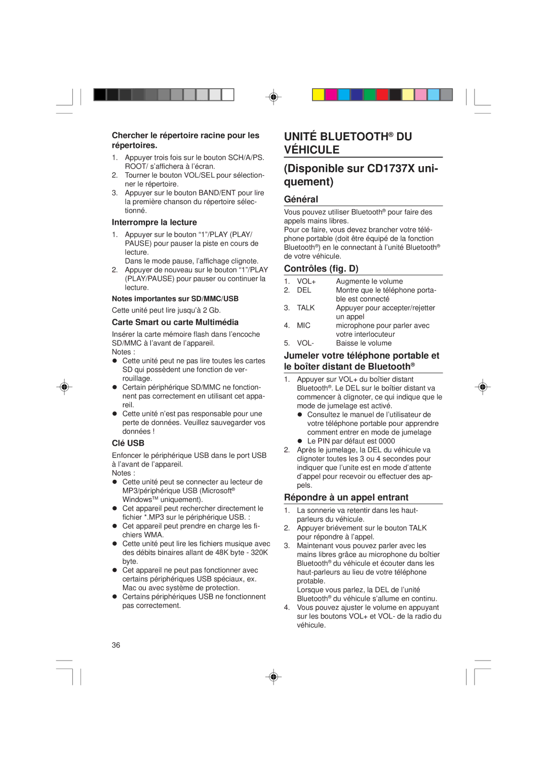 VDO Dayton VDOdayton, CD1537x, CD 1737x manual Unité Bluetooth DU Véhicule, Contrôles fig. D, Répondre à un appel entrant 