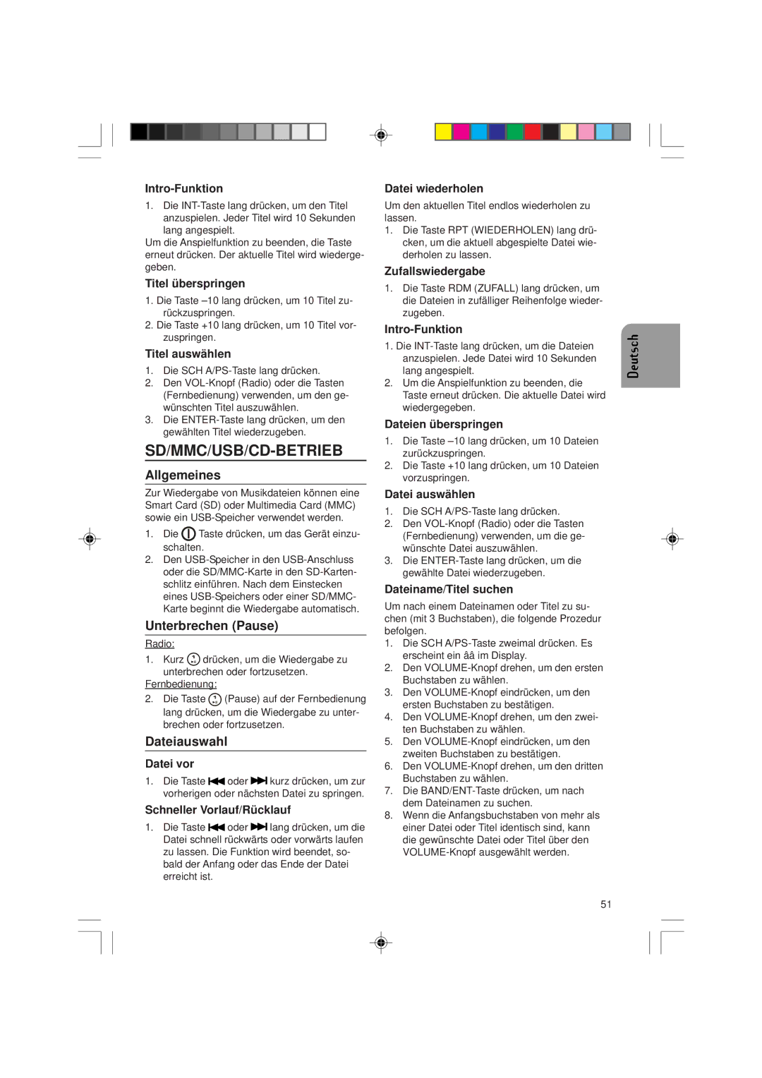 VDO Dayton VDOdayton, CD1537x, CD 1737x manual Sd/Mmc/Usb/Cd-Betrieb, Allgemeines, Unterbrechen Pause, Dateiauswahl 