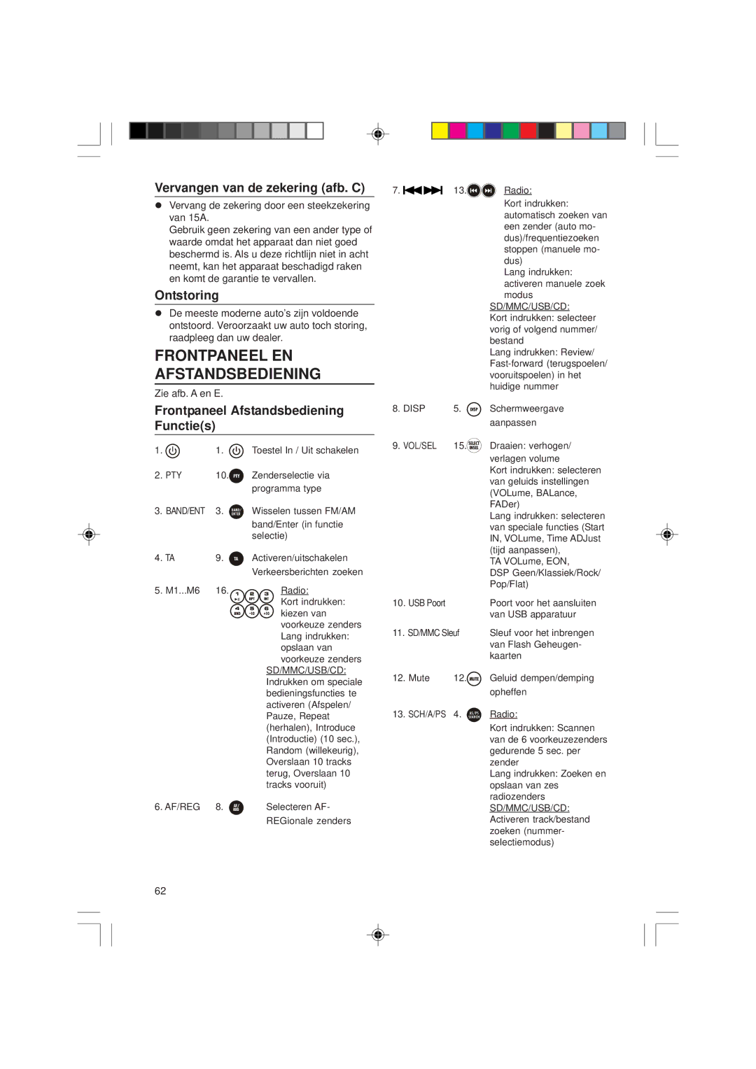 VDO Dayton CD 1737x, VDOdayton, CD1537x manual Frontpaneel EN Afstandsbediening, Vervangen van de zekering afb. C, Ontstoring 