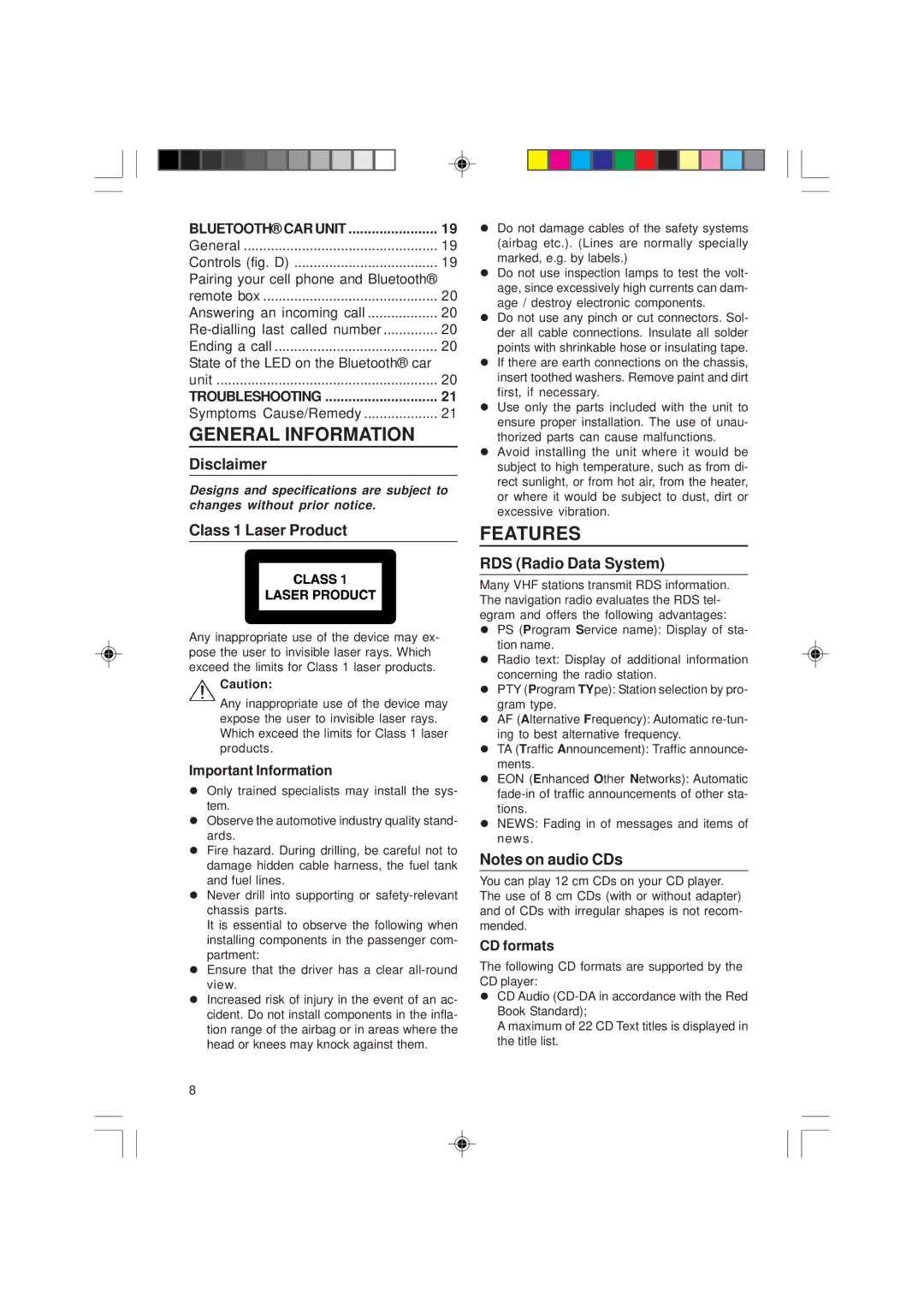 VDO Dayton CD 1737x, VDOdayton General Information, Features, Disclaimer, Class 1 Laser Product, RDS Radio Data System 