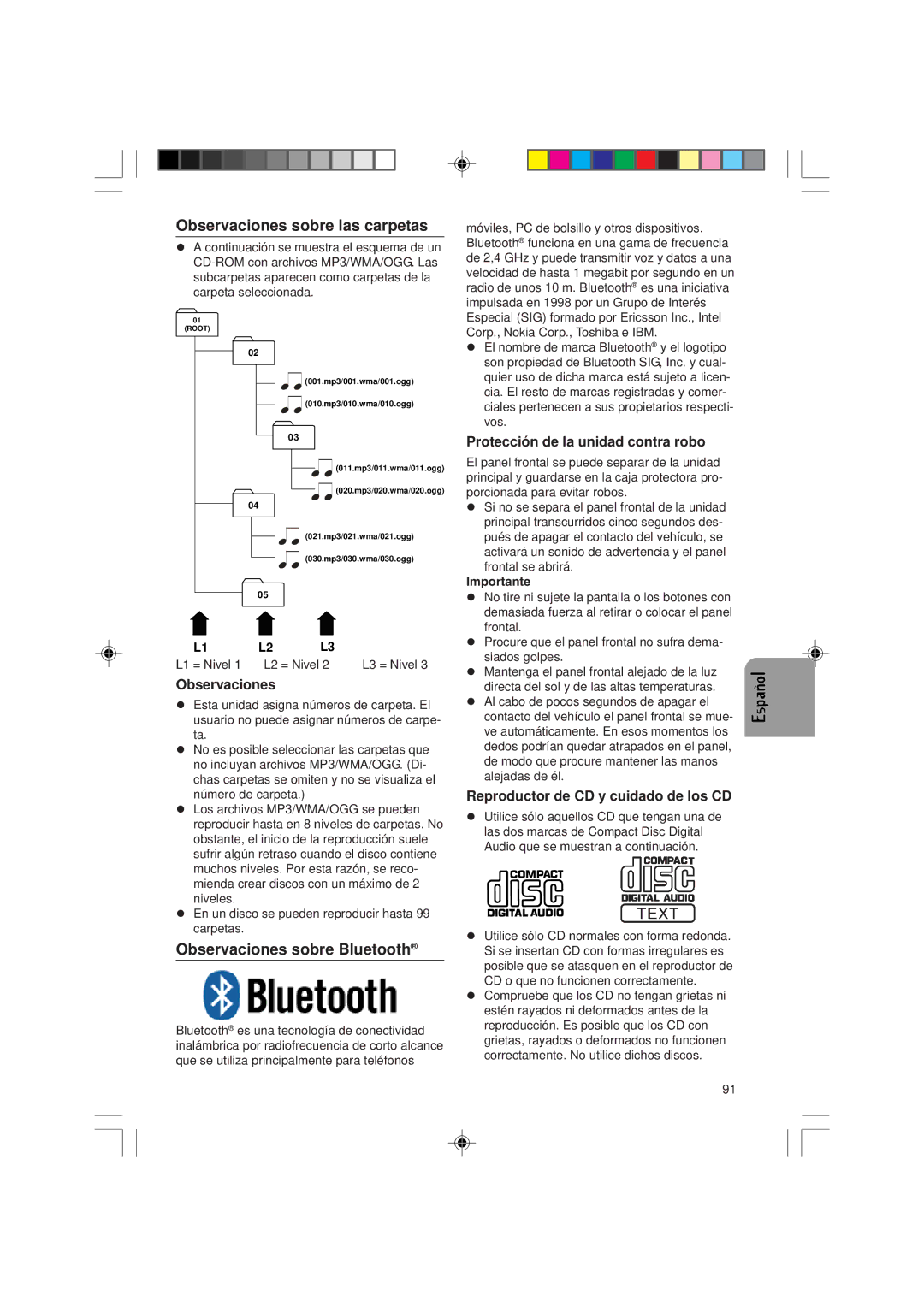 VDO Dayton CD1537x Observaciones sobre las carpetas, Observaciones sobre Bluetooth, Protección de la unidad contra robo 