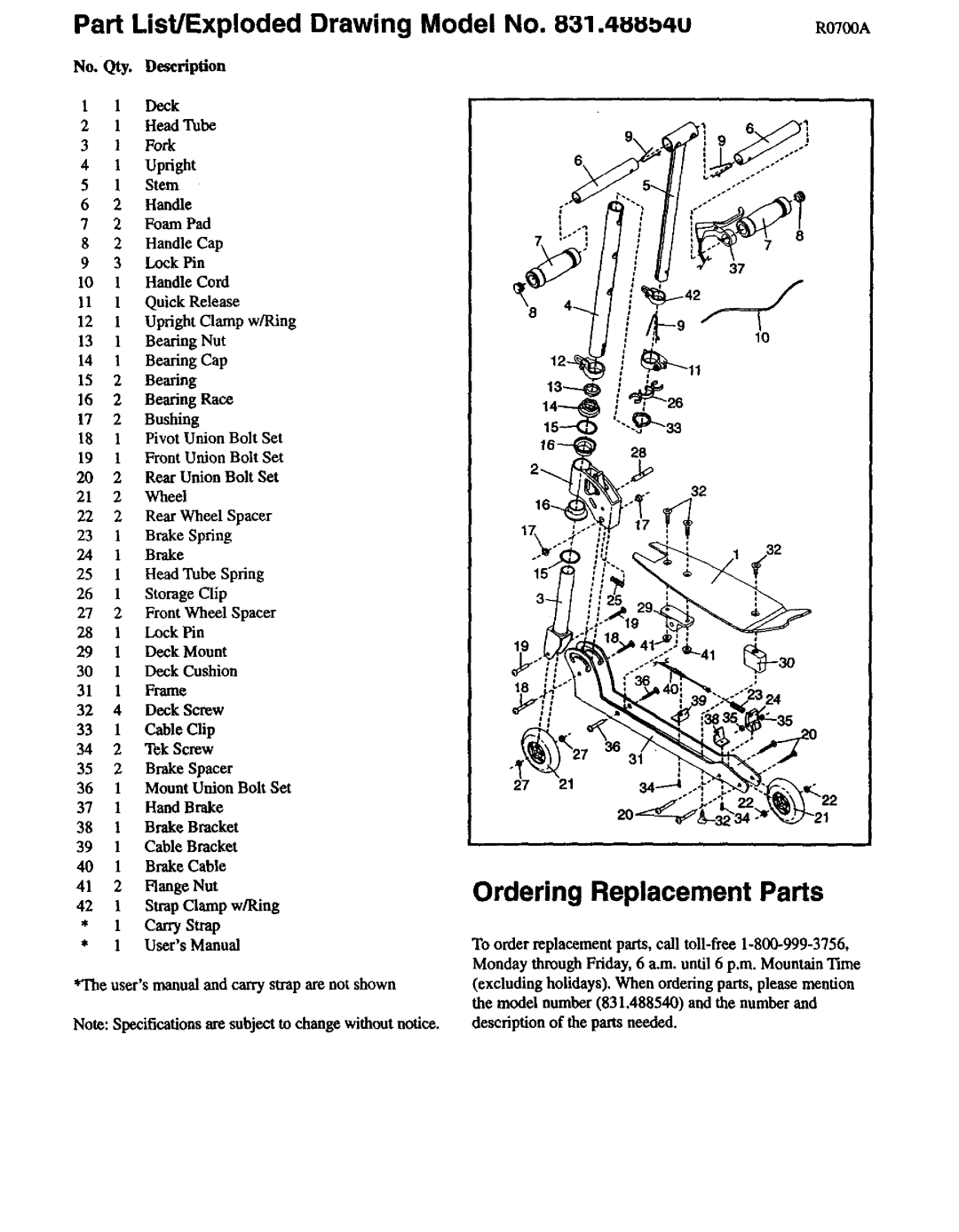 Vector 167662 R0700A, 831.48854 user manual Ordering Replacement Parts, Part List/Exploded Drawing Model No .4uii 4u 