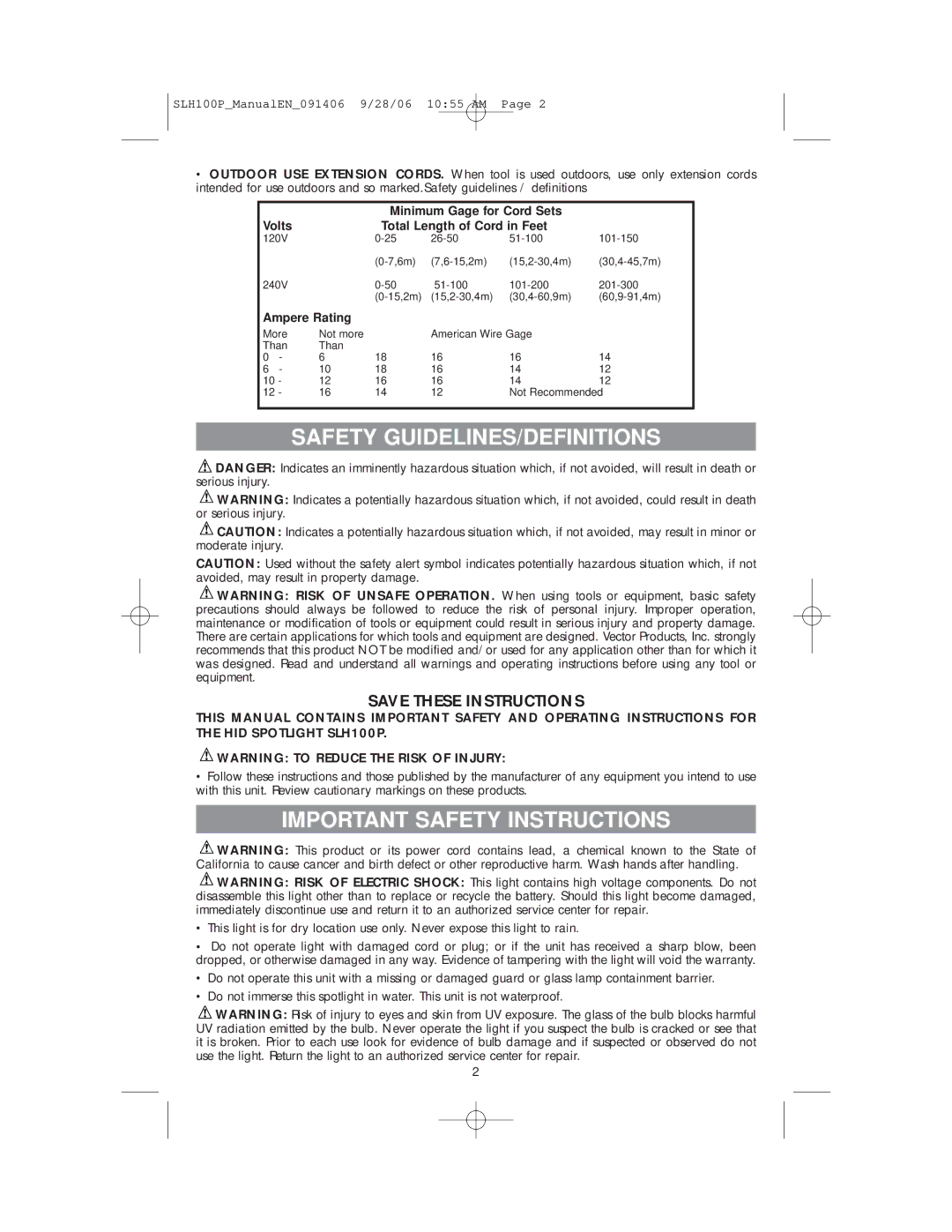 Vector SLH100P, 90510392 instruction manual Safety GUIDELINES/DEFINITIONS 