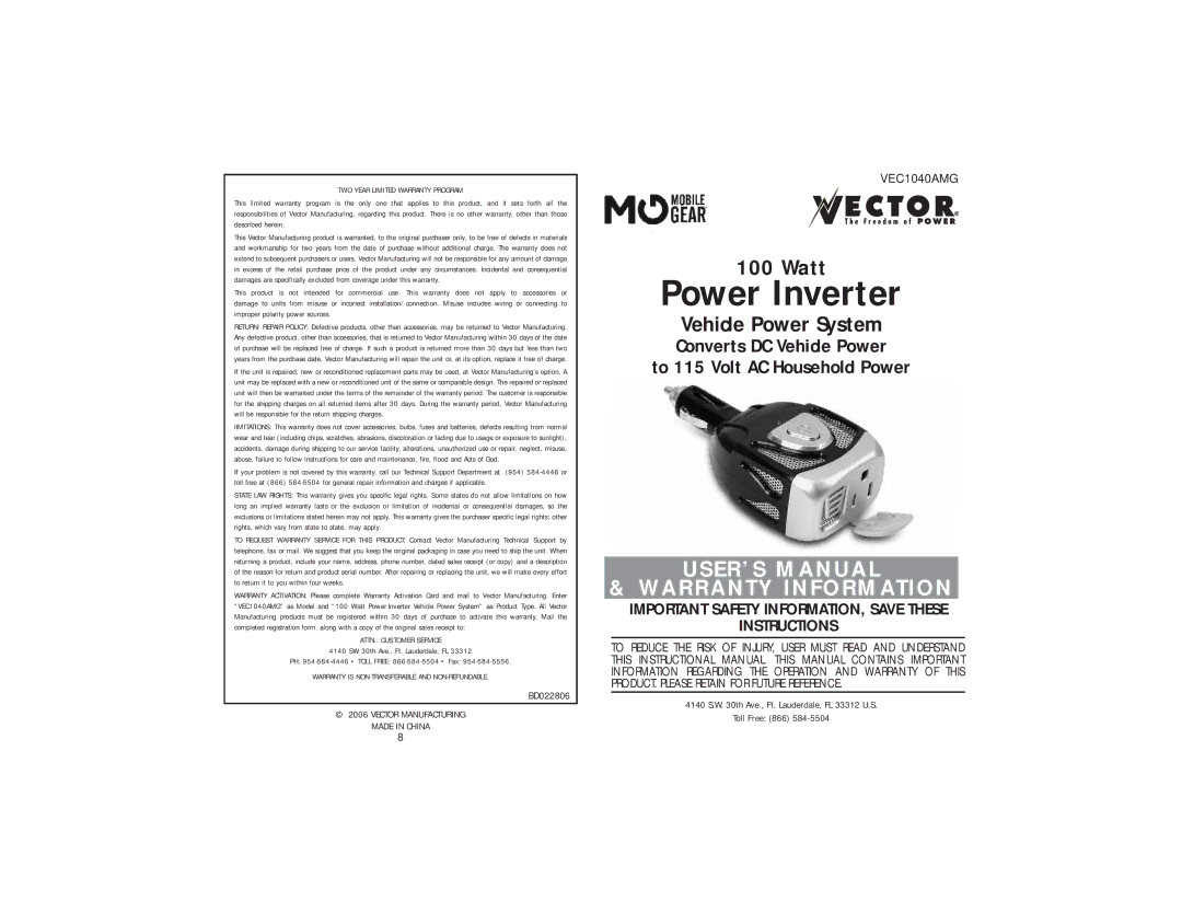 Vector BD022806 user manual Power Inverter 