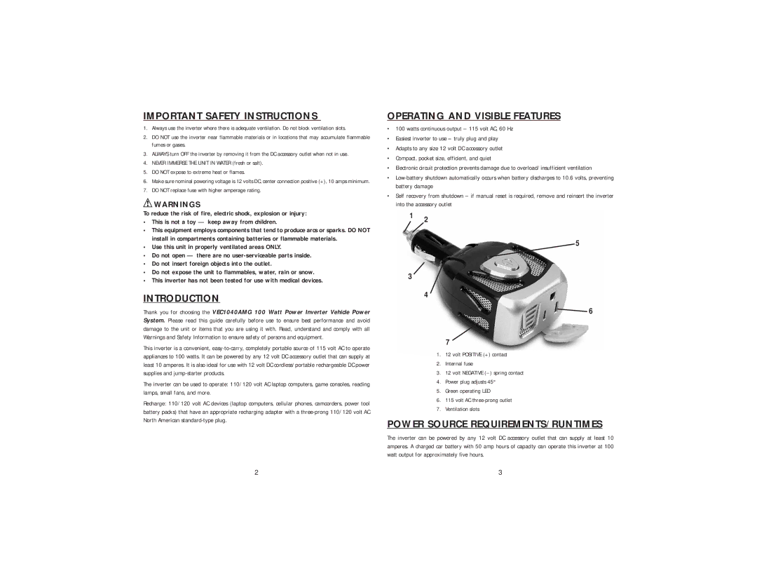 Vector BD022806 user manual Important Safety Instructions, Introduction, Operating and Visible Features 