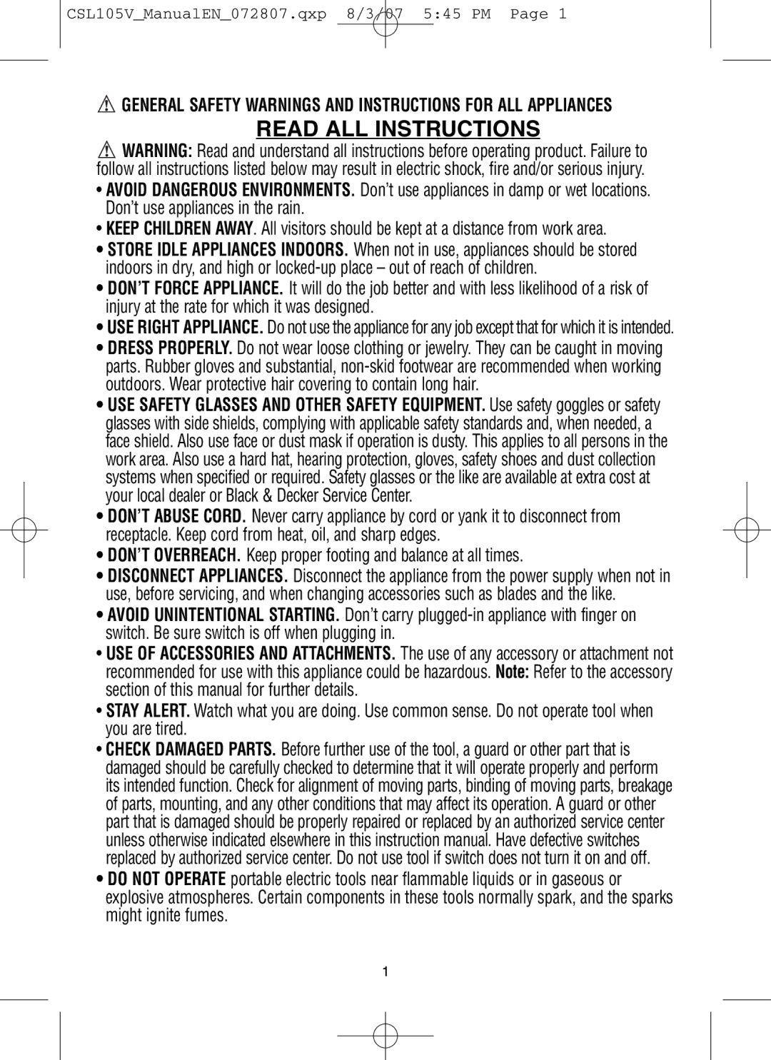 Vector CSL105V instruction manual Read ALL Instructions 