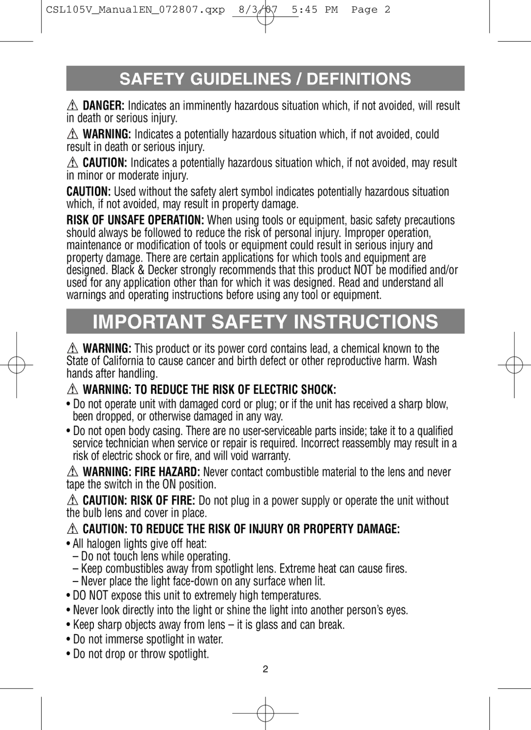 Vector CSL105V instruction manual Important Safety Instructions 