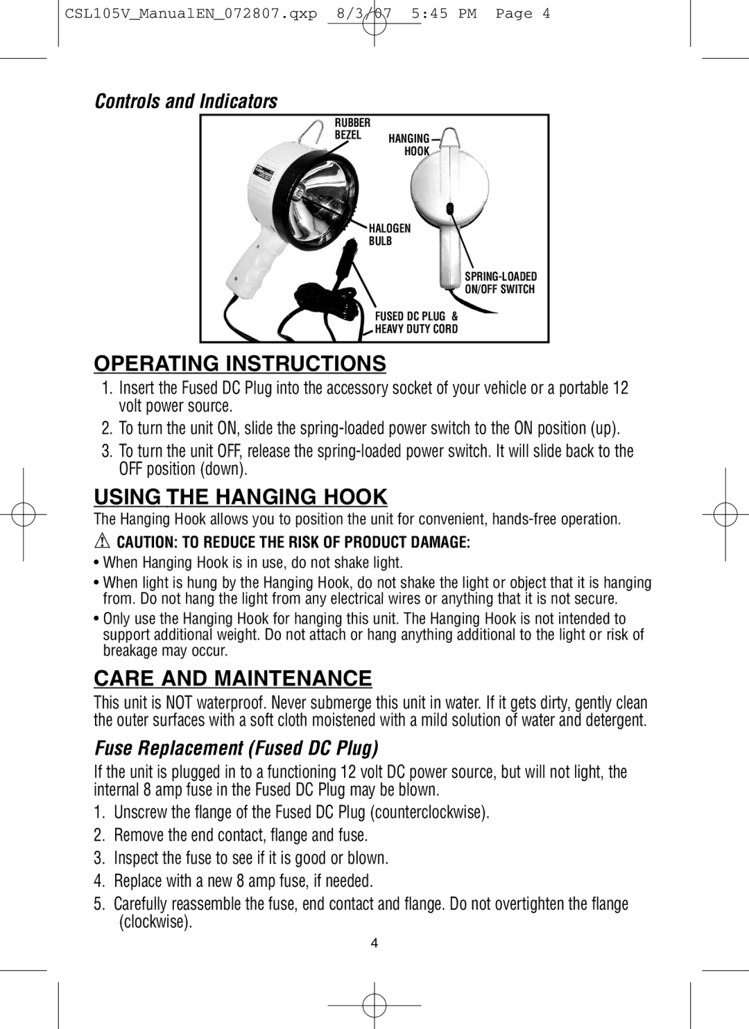 Vector CSL105V Operating Instructions, Using the Hanging Hook, Care and Maintenance, Controls and Indicators 